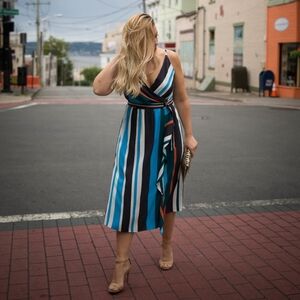 Loft Striped Faux Wrap Colorful Vertical Striped Dress XL Petite Party